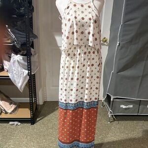 Pink Rose NWT Sz S Bohemian pattern Maxi Dress with flounced top Halter Neck